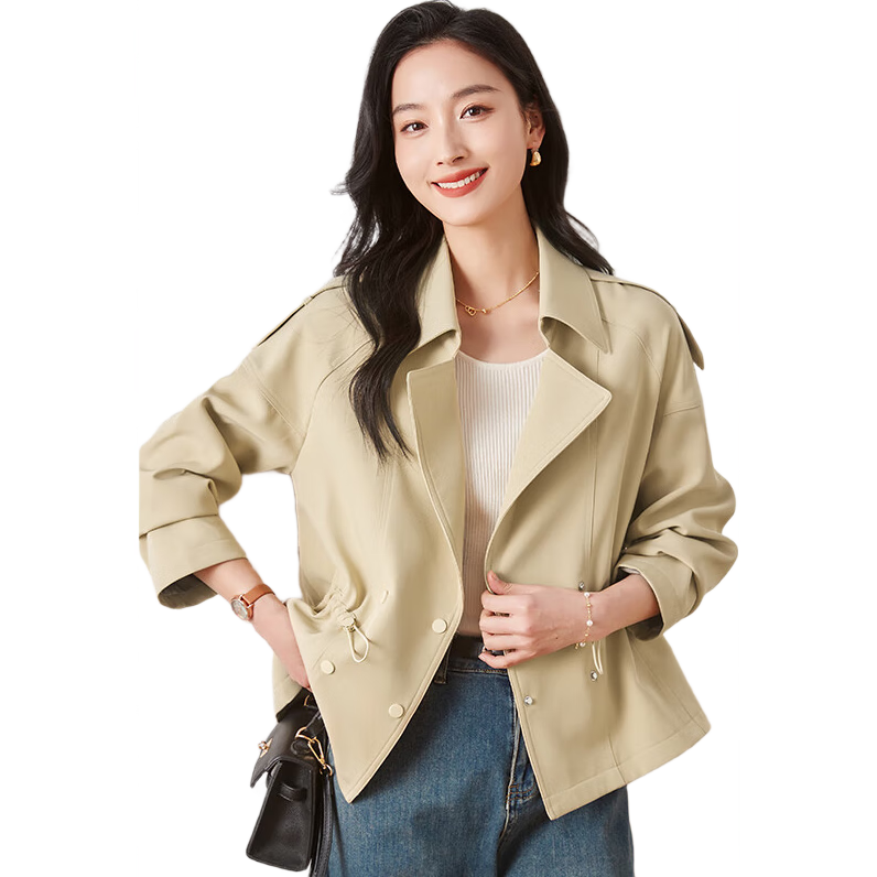 Chushen Spring And Autumn Women's Short Jacket, Fashionable And Elegant Design with Lapel Collar, Waist-Cinching Drawstring, Short Trench Coat S61D164