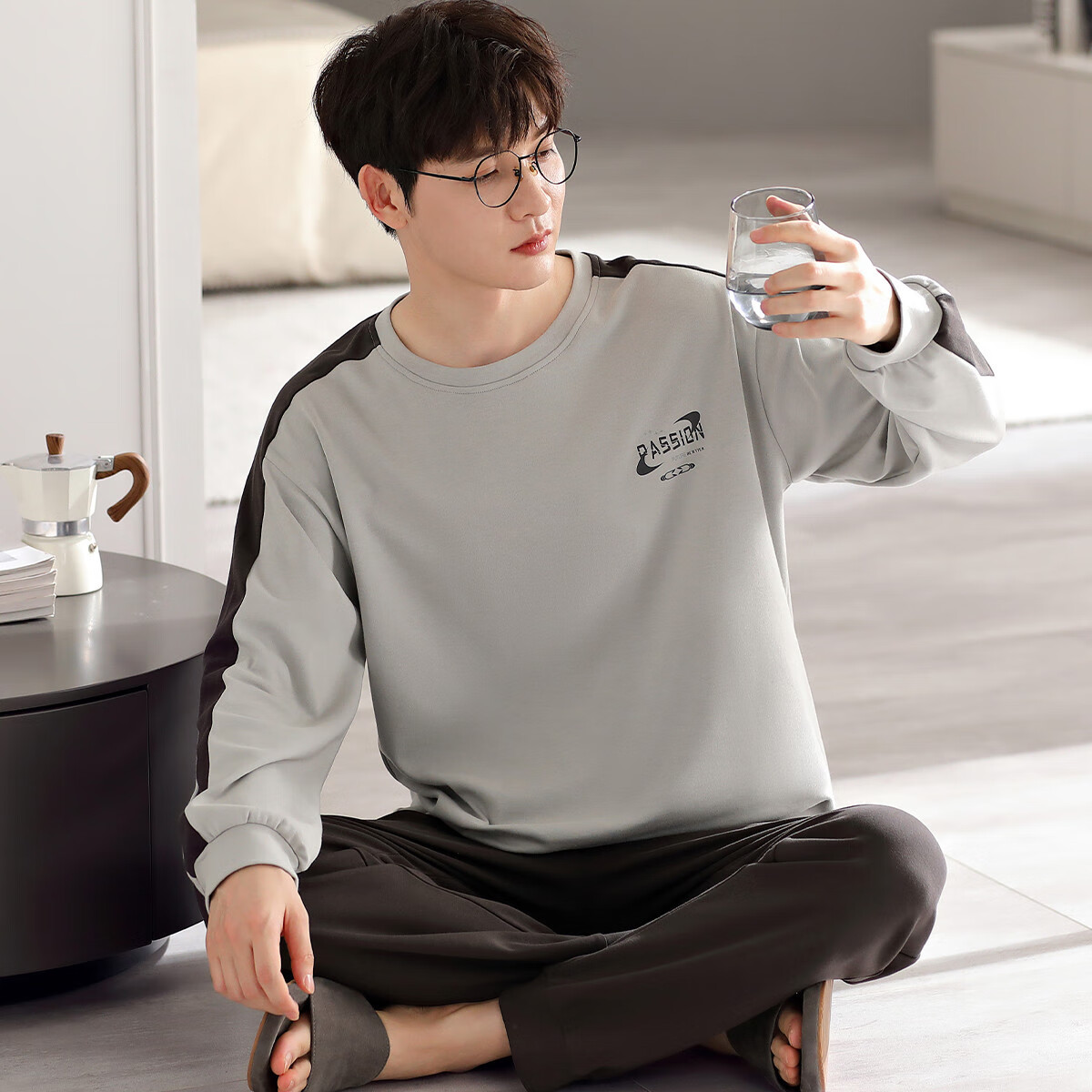 LangSha [100% Cotton] Men's Pajamas, Spring And Summer Simple Loose Comfortable Round Neck Pullover Loungewear Set, Suitable for Outdoor Wear 11