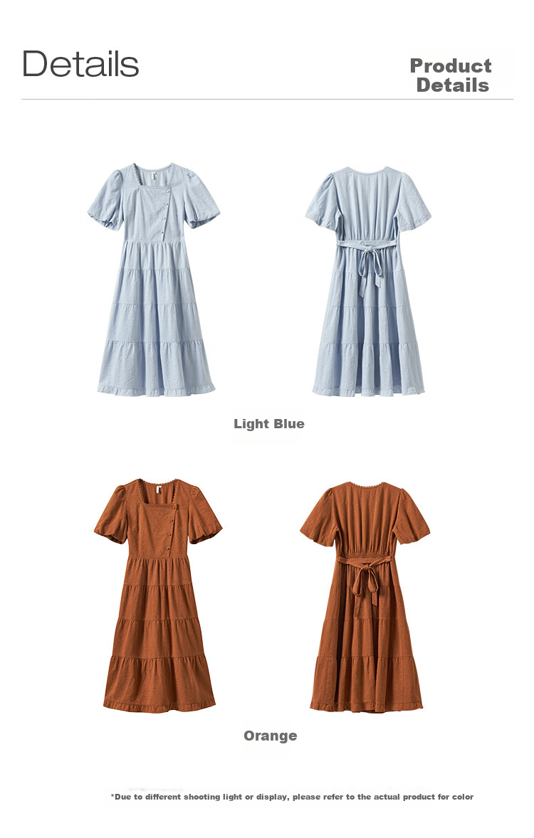 INMAN Summer French Waist-Cinching Jacquard Texture Women's Square Neck Dress, Artistic Style Puff Sleeve Dress, Blue, Size L 18
