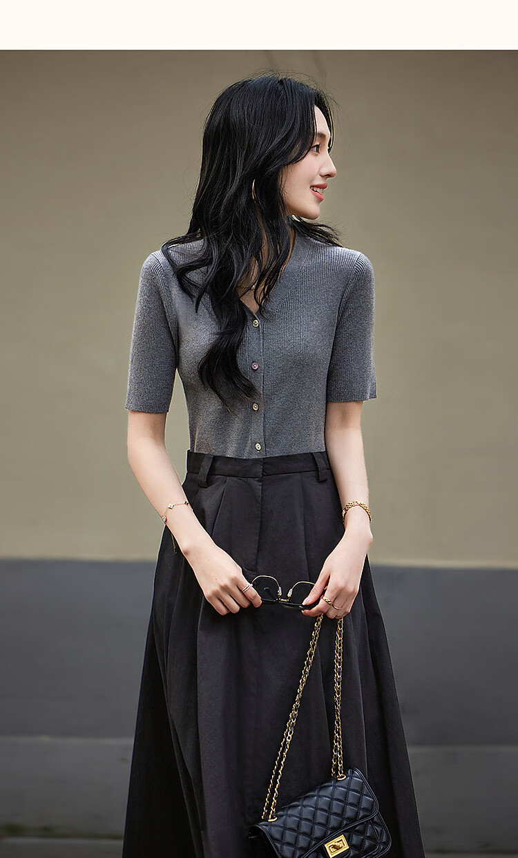 Dme [Containing Wool] Spring Elegant Faux Two-Piece Spliced V-Neck Short-Sleeve A-Line Bodycon Elegant Women's Dress 9