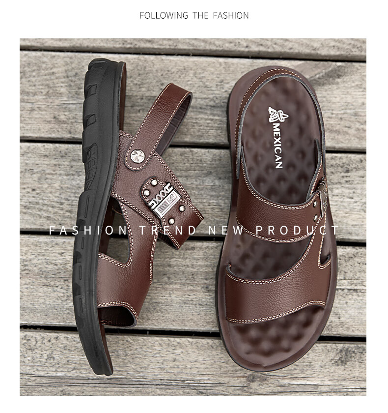 MEXICAN Men's First Layer Cowhide Sandals Beach Slip-On Hollow Out Shoes Black Size 44 22