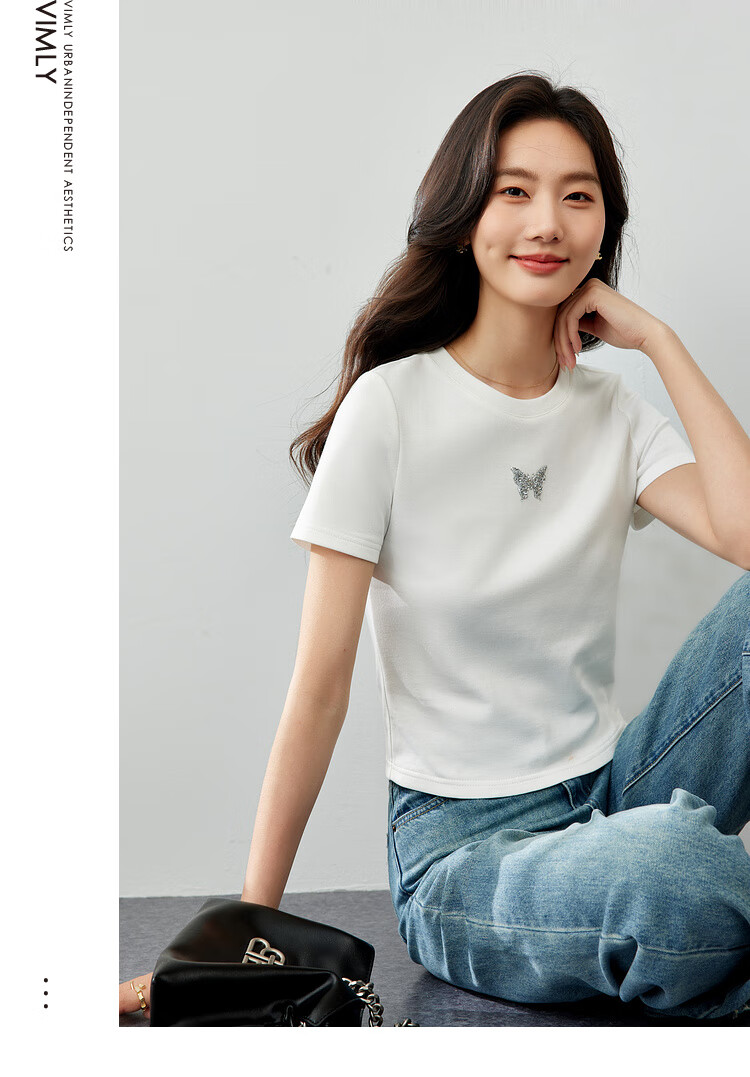 Vimly White Regular Shoulder Short-Sleeve T-Shirt for Women, Summer 2026 Slim-Fit Distinctive Printed Short Top, Off-White, M 9