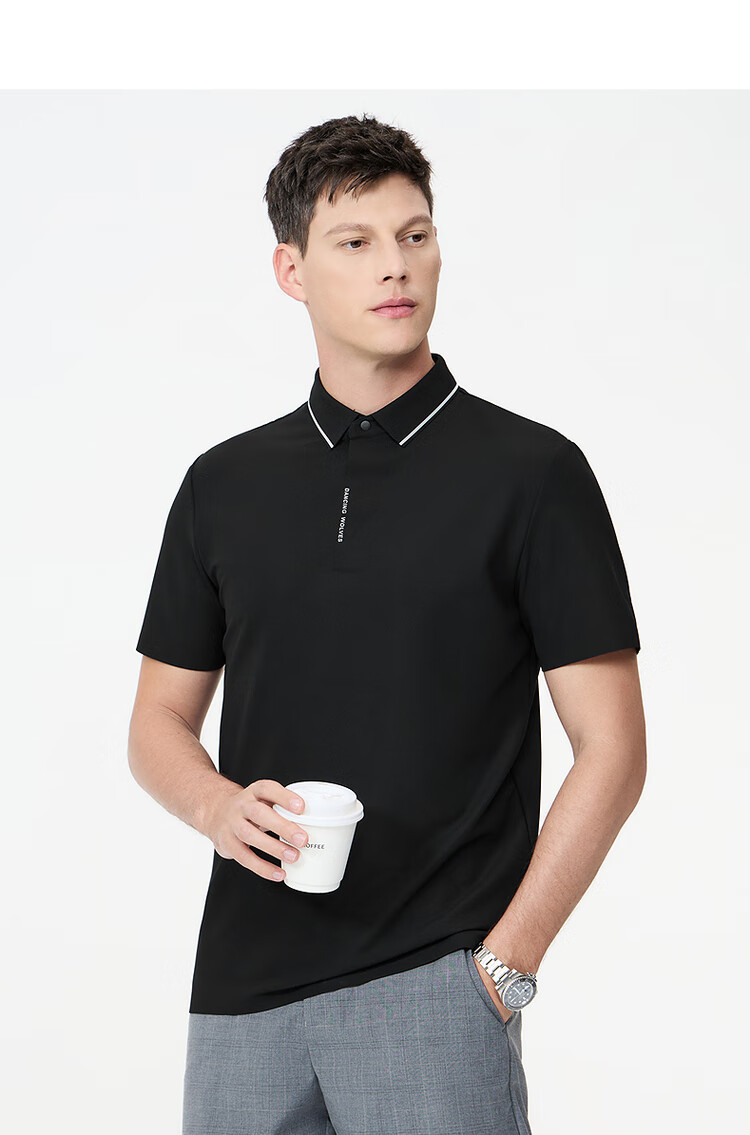 DANCING WOLVES [Elastic Breathable] Summer Elegant Casual Business Men's Short-Sleeve POLO Shirt, 001 Black, Size M (170cm) 13