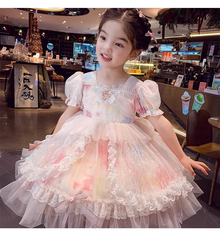Anneyol Girls' Princess Dress Summer Outfit Stylish Children's Lolita Tulle Dress with Puff Sleeves, Pink, Size 160 18