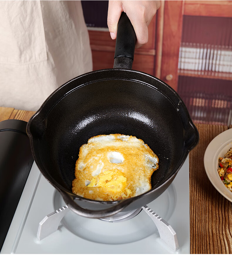 Jiuzhu Gold Label Lid 22cm Small Wok Cast Iron Pan Single Serving Stir-Fry Pan Non-Coated Non-Stick Pan for Induction Cooker Raw Iron Pot 3