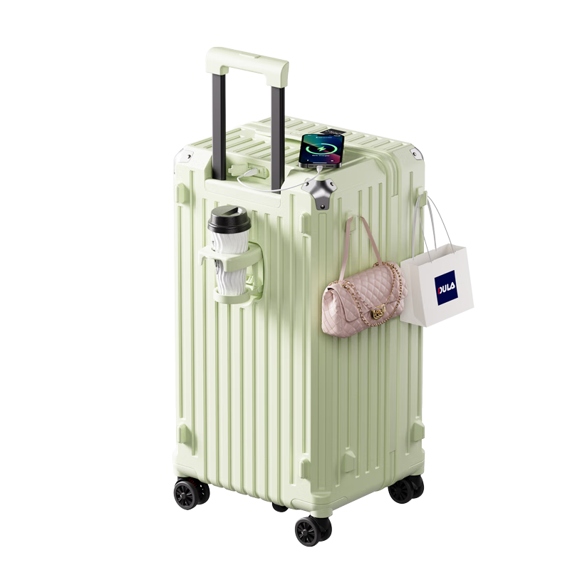 DULA Five-Wheel Large Capacity Suitcase with Cup Holder, Travel Luggage with Charging Port, Password Lock, Leather Case, Matcha Green, 24 Inches