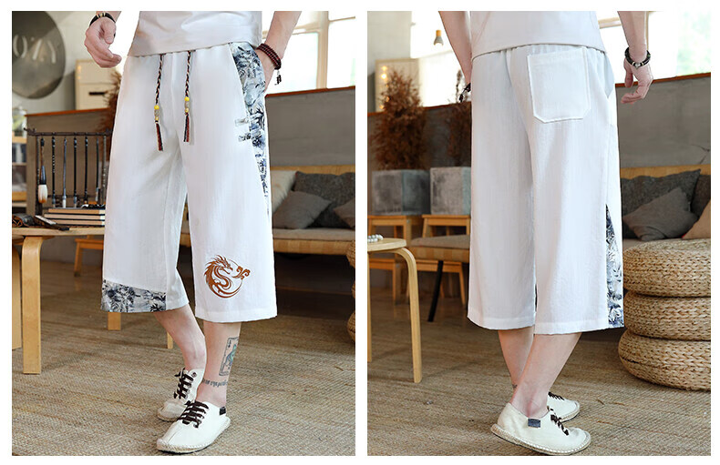 Zuofeili New Chinese Style Dragon Pattern Shorts for Men, Summer Youth Casual Versatile National Trend Cool Ice Silk Three-Quarter Length Pants 4