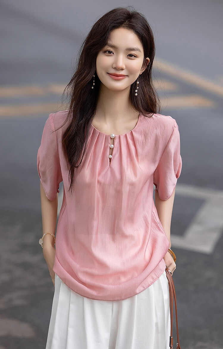 Dme [Selected Lyocell], Summer Pearl Decorated Round Neck Drip Button Shirt, Flowing Short-Sleeve Blouse, Women's Top 15