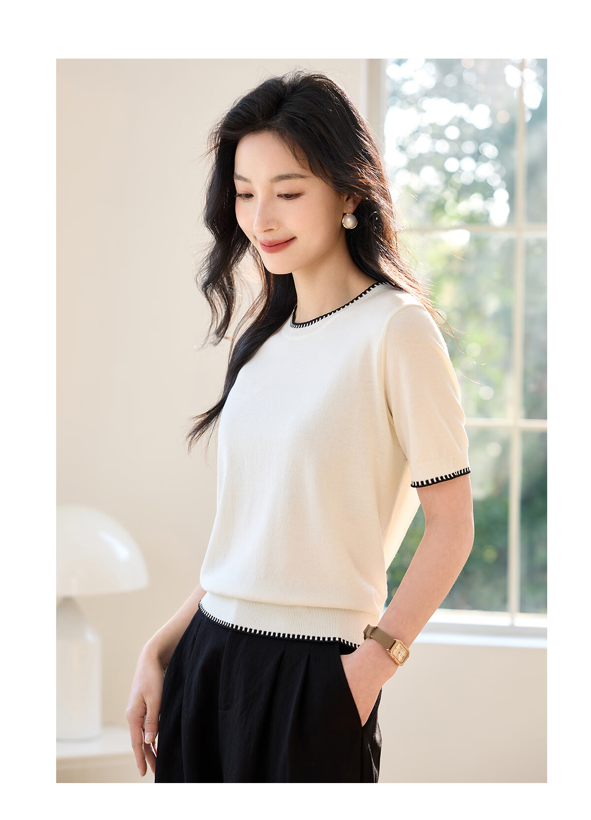 Chushen Summer Knitted Short-Sleeve T-Shirt for Women, Fashionable Round Neck Contrasting Color Design, Simple And Elegant Knitted Top Base Shirt S52T025 24