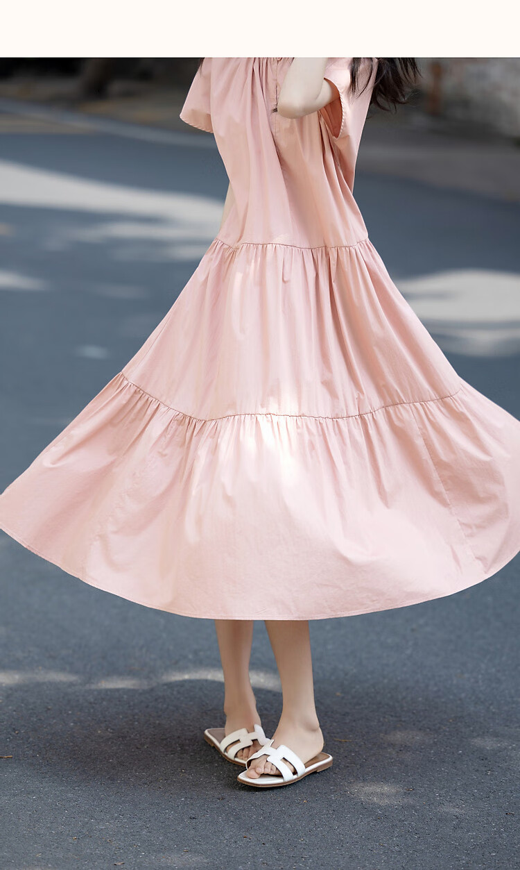 Demana Soft Mist Morandi Summer French Style Pure Cotton Round Neck Design Split Loose Waist Short Sleeve Women's Dress 16