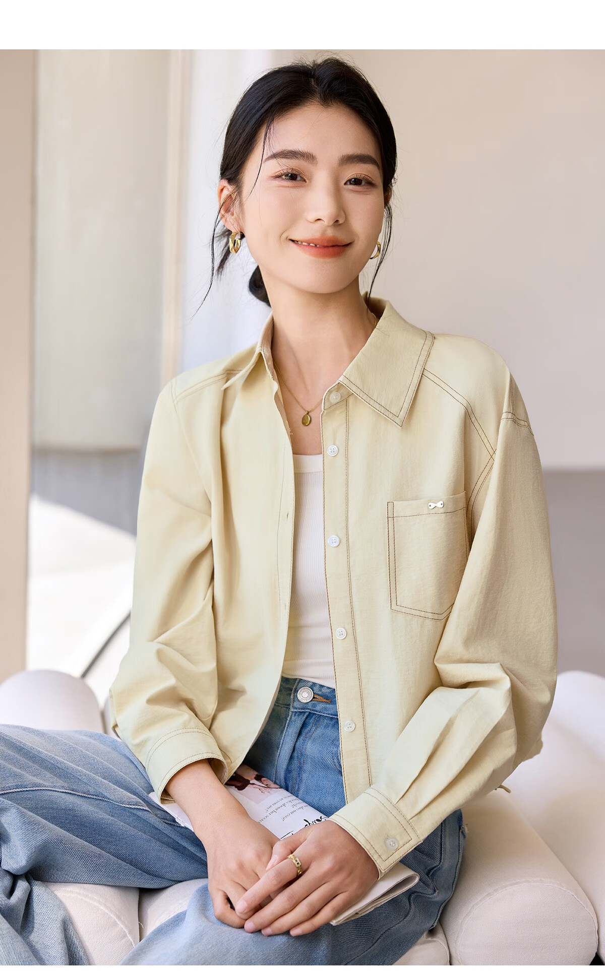 Chushen Women's Short Autumn Shirt Jacket with Drawstring Hem, Contrasting Color Stitching Design for Petite Figures S51D039 23