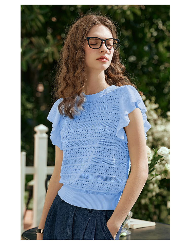Olrain French Hollow Knitwear Women's Summer Loose Ruffle Sleeve Top Apricot White L 27