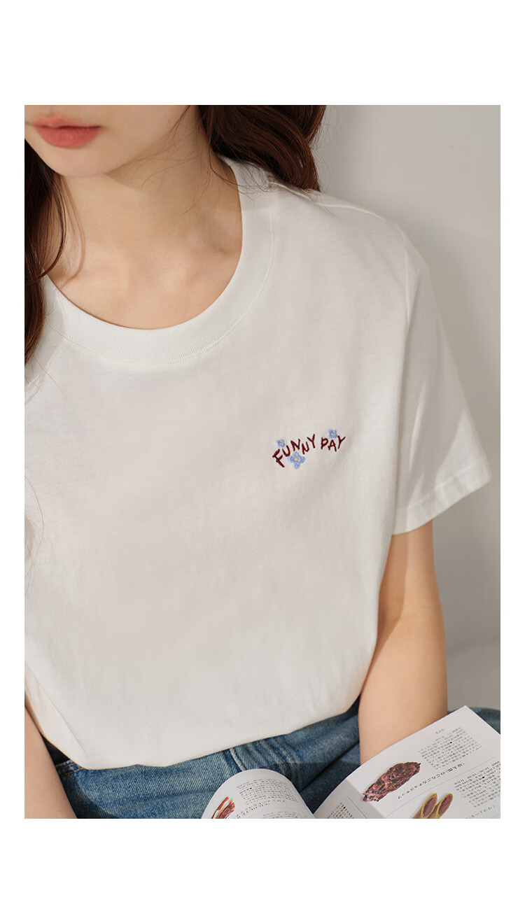 INMAN Women's 2025 Summer Embroidered Comfortable Simple Pullover Loose Fit Cotton Short Sleeve T-Shirt Sakura Pink S 27
