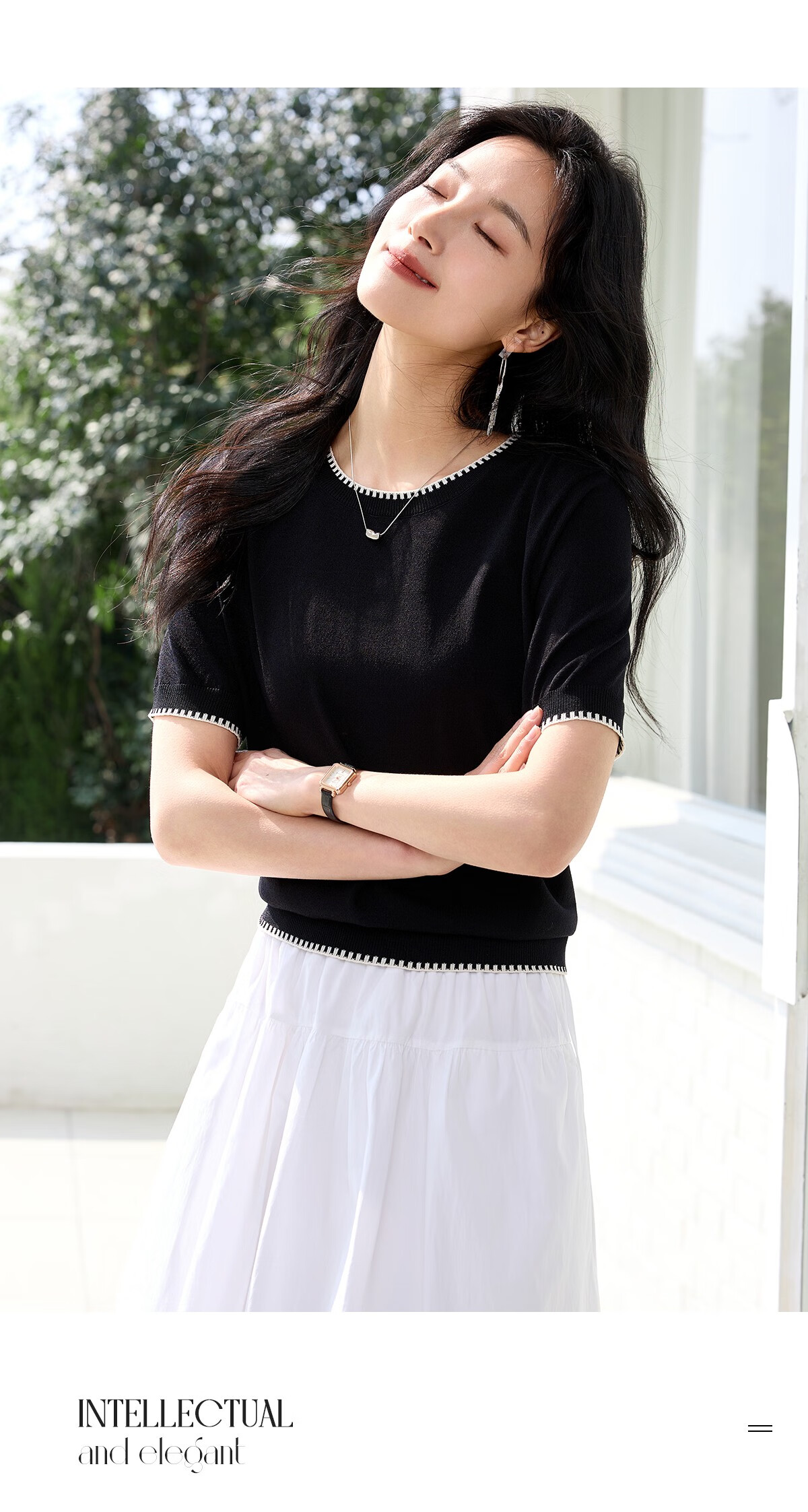 Chushen Summer Knitted Short-Sleeve T-Shirt for Women, Fashionable Round Neck Contrasting Color Design, Simple And Elegant Knitted Top Base Shirt S52T025 13
