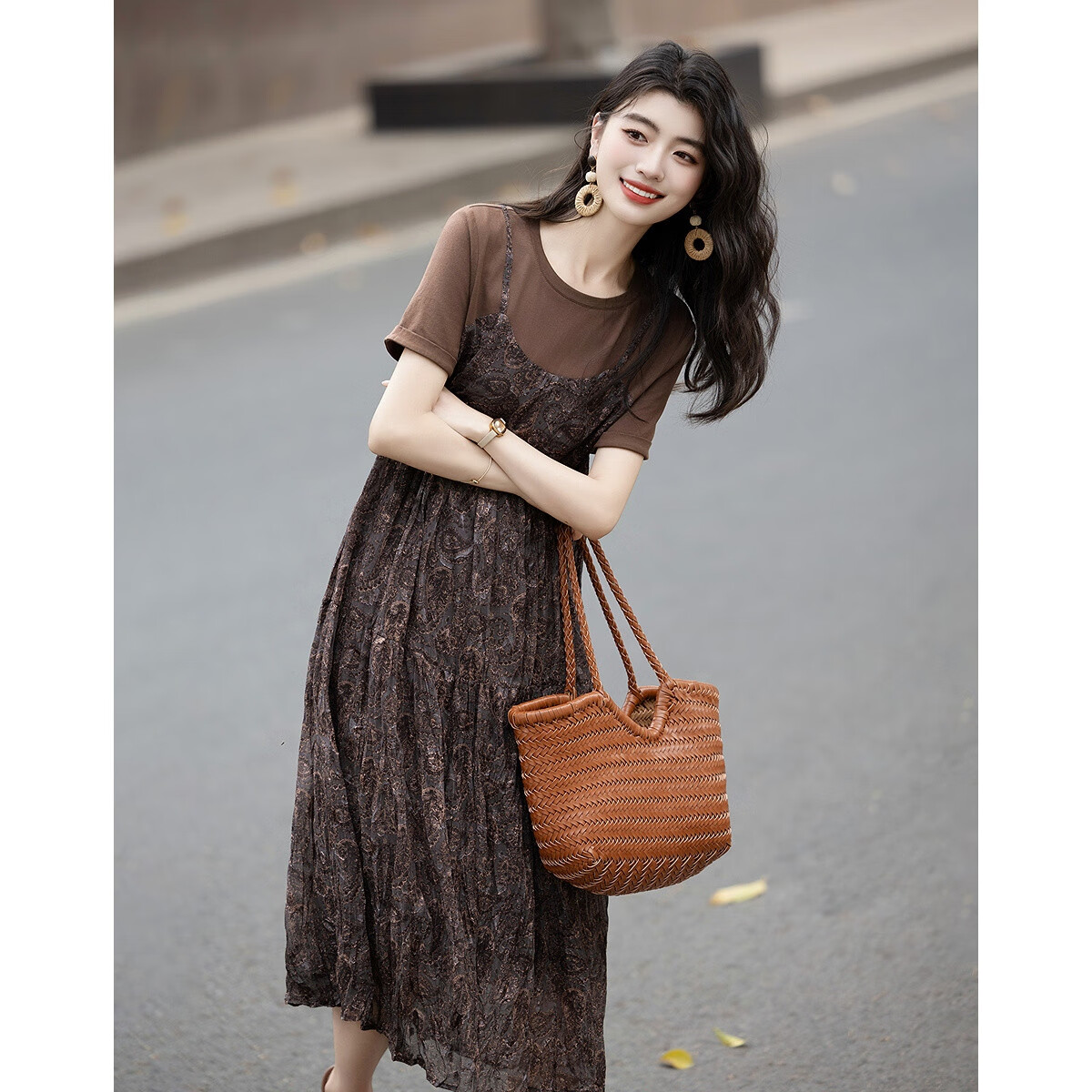 Demana Natural Crinkle Texture Summer French Romantic Faux Two-Piece Printed A-Line T-Shirt Dress for Women