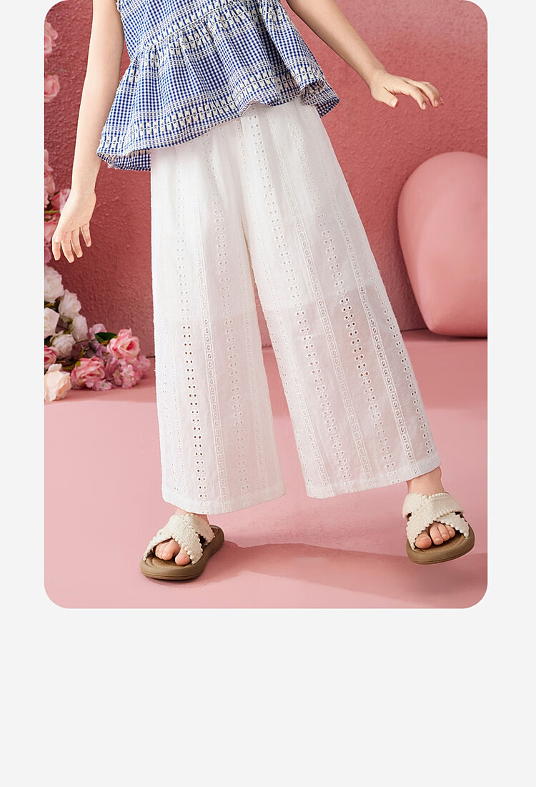ASK JUNIOR Cotton Kids Summer Hollow Lace Embroidered Straight Leg Breathable Long Pants for Girls and Teens 16