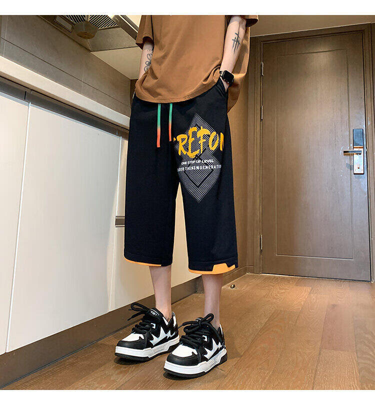 Zuofeili Men's Trendy Summer Shorts, Lightweight Loose-Fitting Cool Ice Silk Seven-Eighths Length Shorts, Fashionable Youth Casual Pants 26