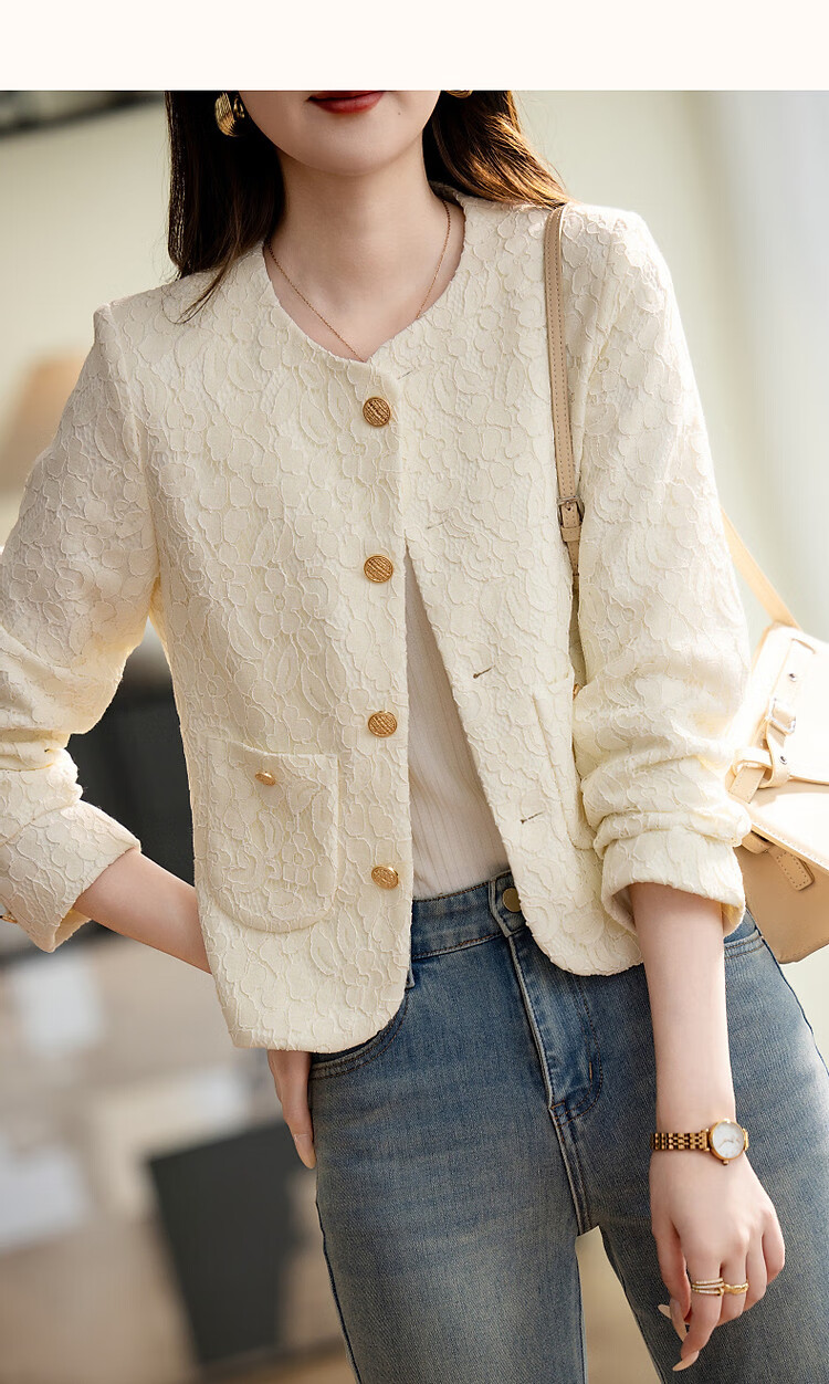 Dme [Sophisticated Fashionista Style] Spring Elegant Chanel-Inspired Lace Round Neck Waist-Cinching Metal Button Fashionable Short Jacket for Wome 13