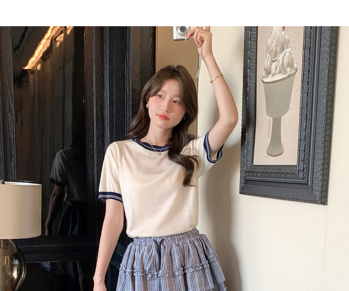 Halo Queen Knitted Short-Sleeve T-Shirt for Women, Round Neck, Contrasting Colors, Fashionable Slimming Top, Contains Wool And Silk, Comfortable Fabric, H52T032 3