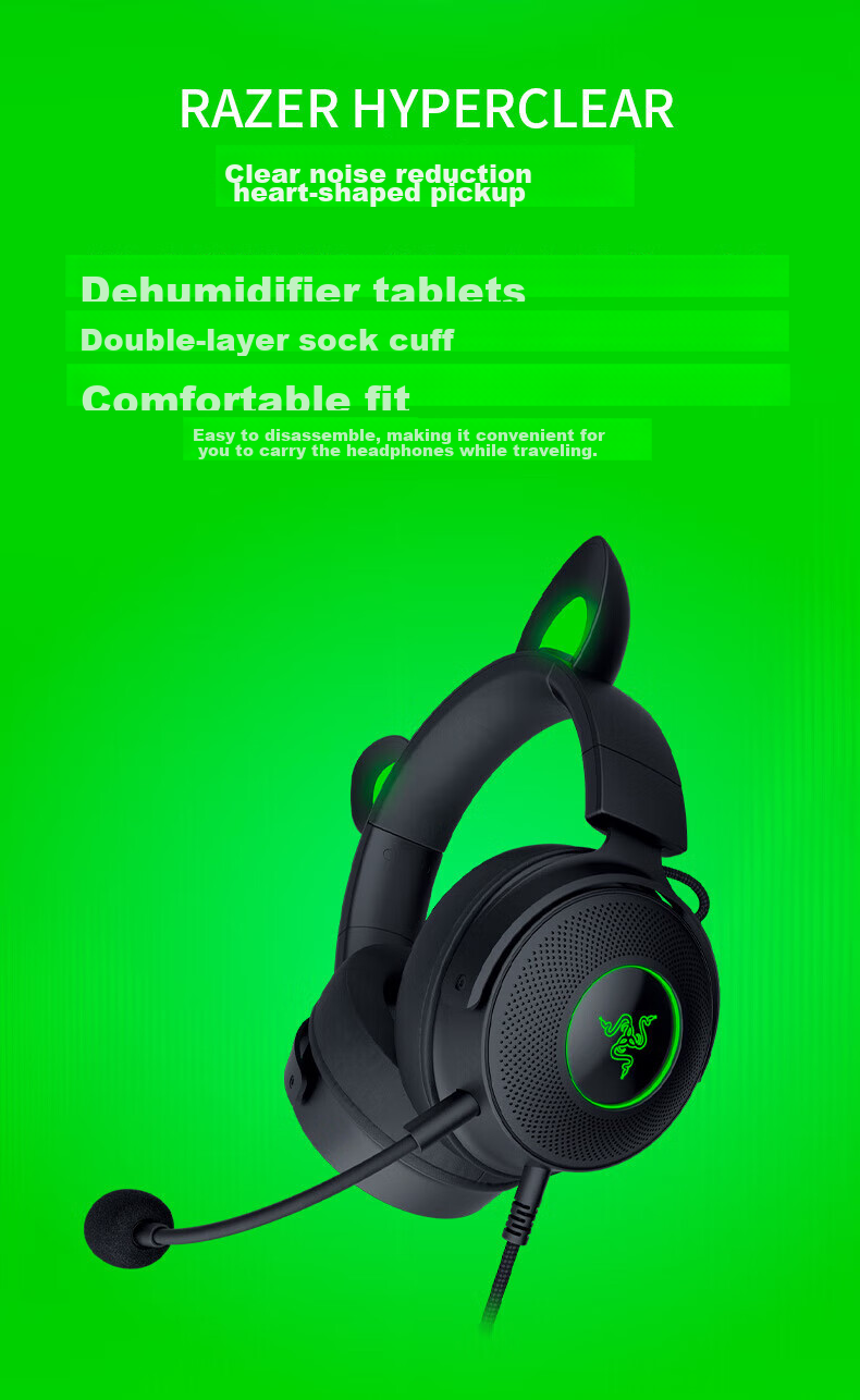 Razer Beihai Giant Monster Cute Cat Professional Edition V2 Wired Over-Ear Gaming Headset with Microphone, Popular Cat Ear Rabbit Ear Bear Ear RGB Lighting PUBG Essential Black 3