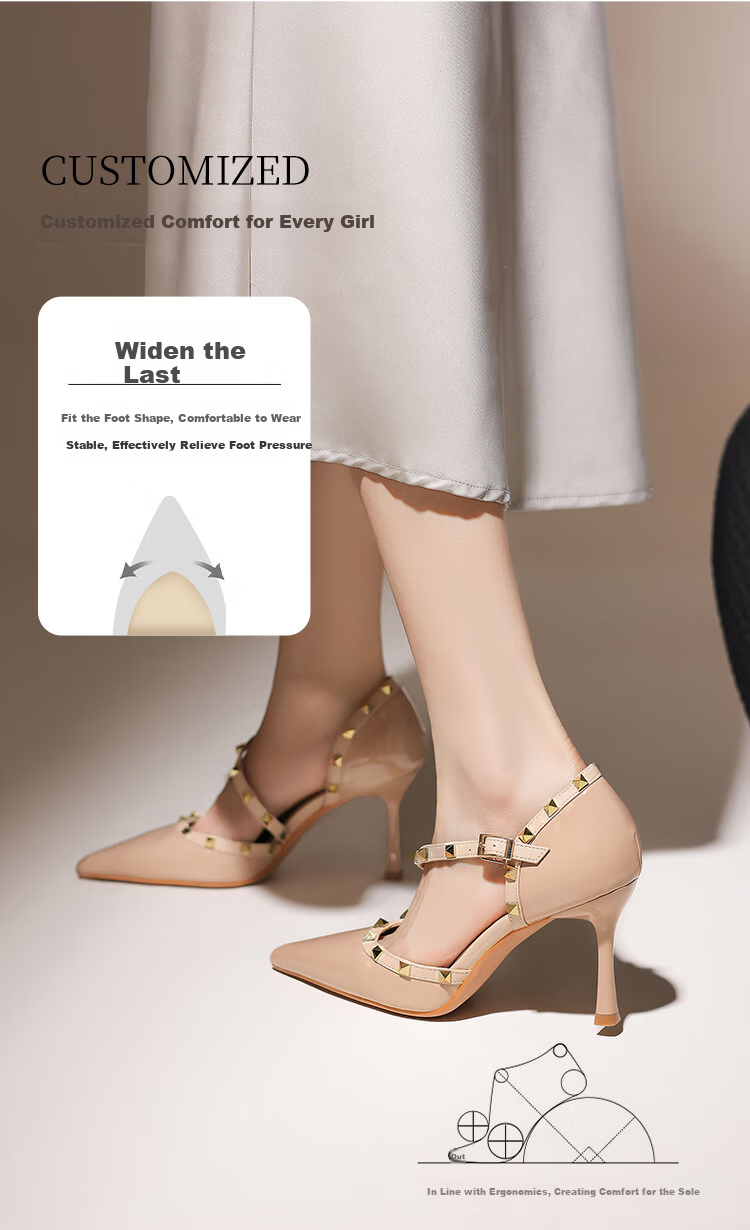 ZHR Rivet High Heels for Women, Elegant Pointed Toe, Socialite Style, Thin Heel Pumps, Sexy Closed-Toe Sandals for Women, IE02, Nude Pink, Size 34 1