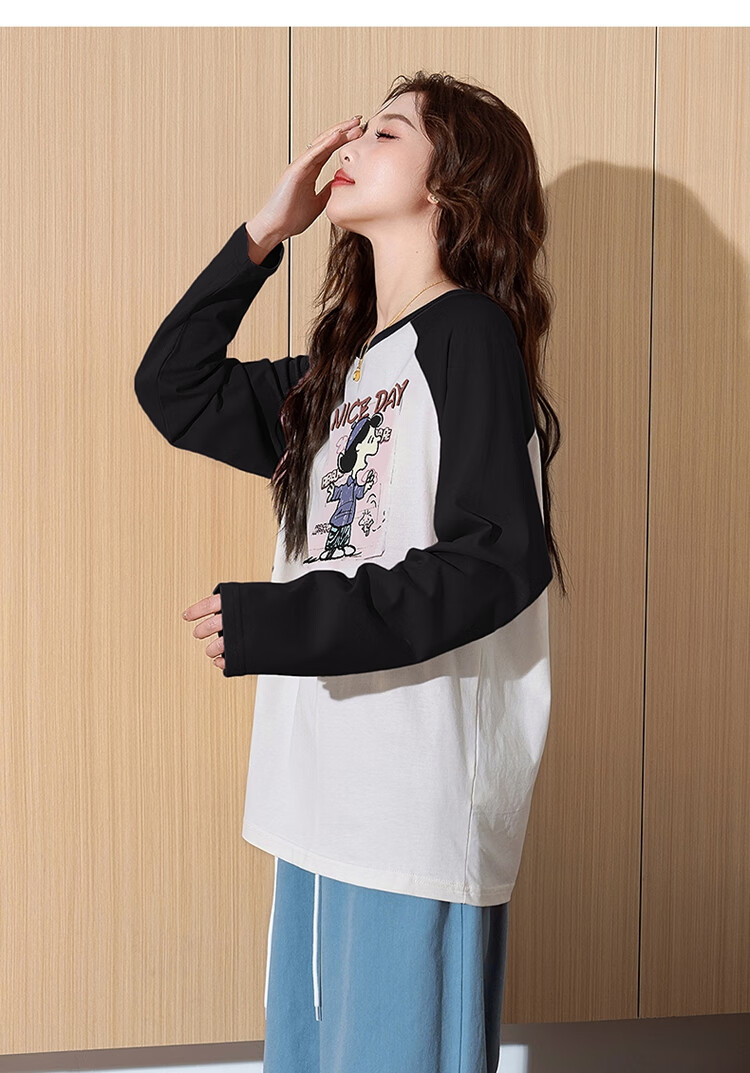 TonLion Autumn And Winter Long-Sleeve T-Shirt for Women, Wearable As Outerwear, Knitted Front Chest Cartoon Photo Raglan Long-Sleeve T-Shirt, Women's Clothing with A High-End Feel 13