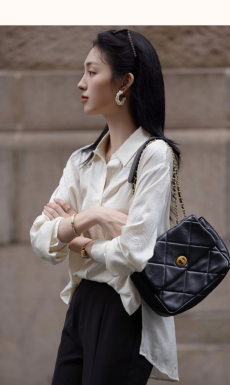 Dme [Four Seasons Wear] Spring Simple Style Commuter Shirt POLO Collar Wrinkled Shiny Texture Blouse Women's Top 10