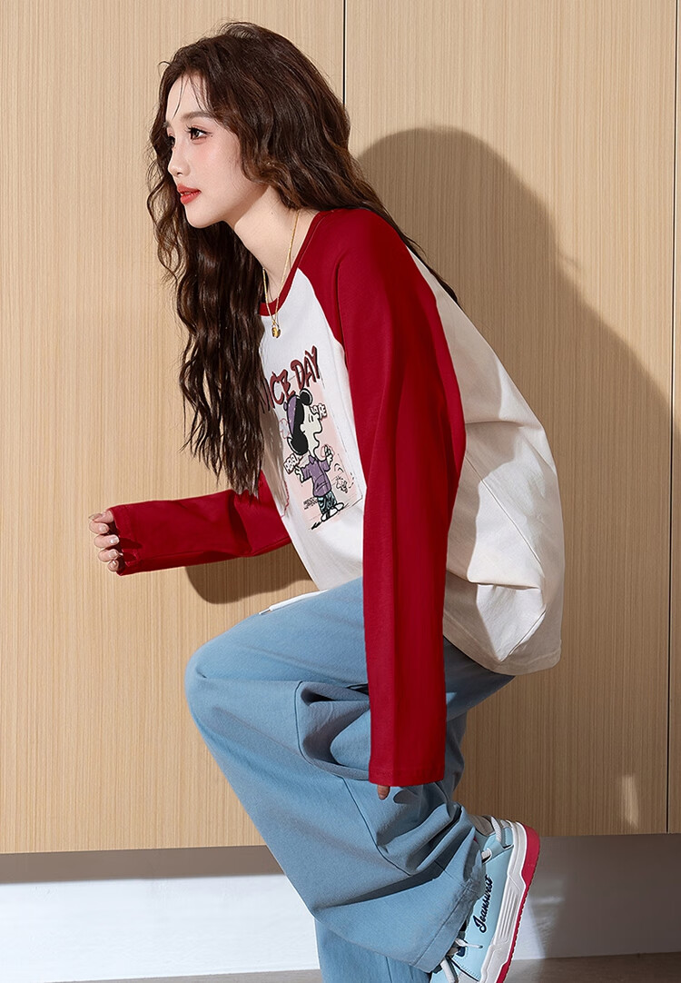TonLion Autumn And Winter Long-Sleeve T-Shirt for Women, Wearable As Outerwear, Knitted Front Chest Cartoon Photo Raglan Long-Sleeve T-Shirt, Women's Clothing with A High-End Feel 1