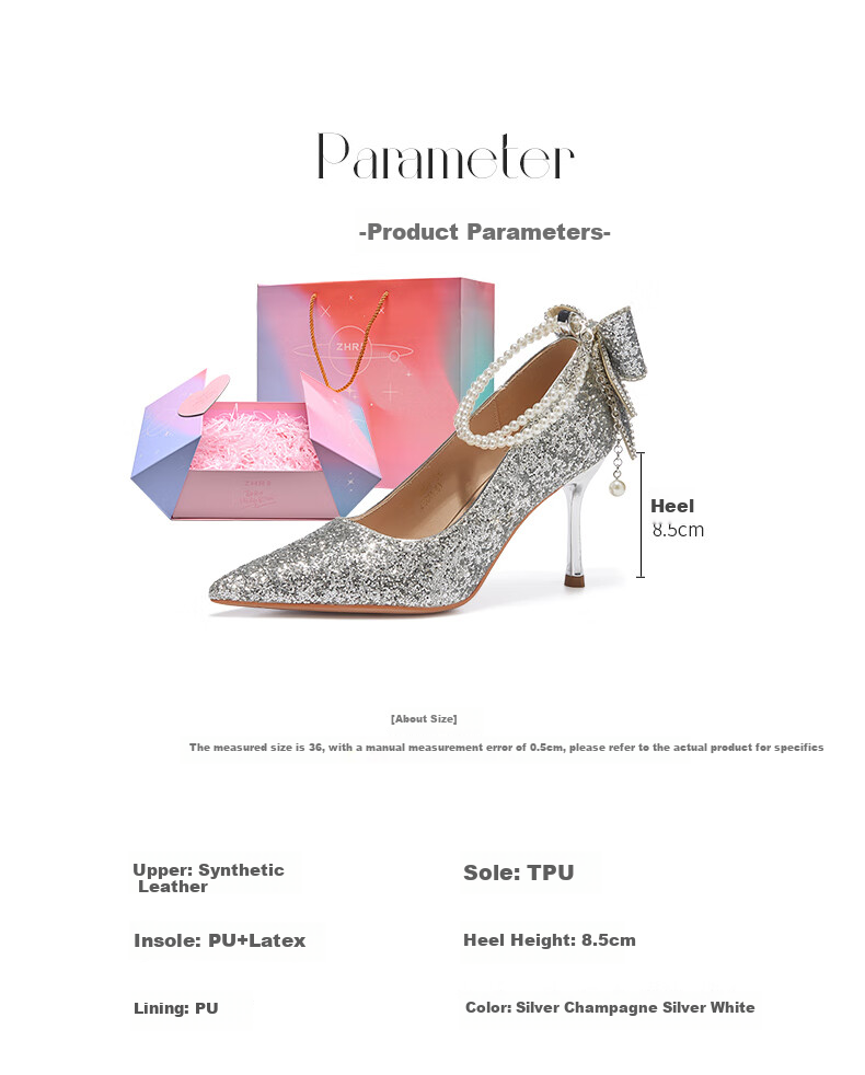 ZHR High Heels for Women, Fairy Crystal Wedding Shoes, Pearl Pointed Toe Shoes, Thin Heel Shallow Mouth Pumps, Suitable for Dresses, IE01 Silver Color, Size 39 4