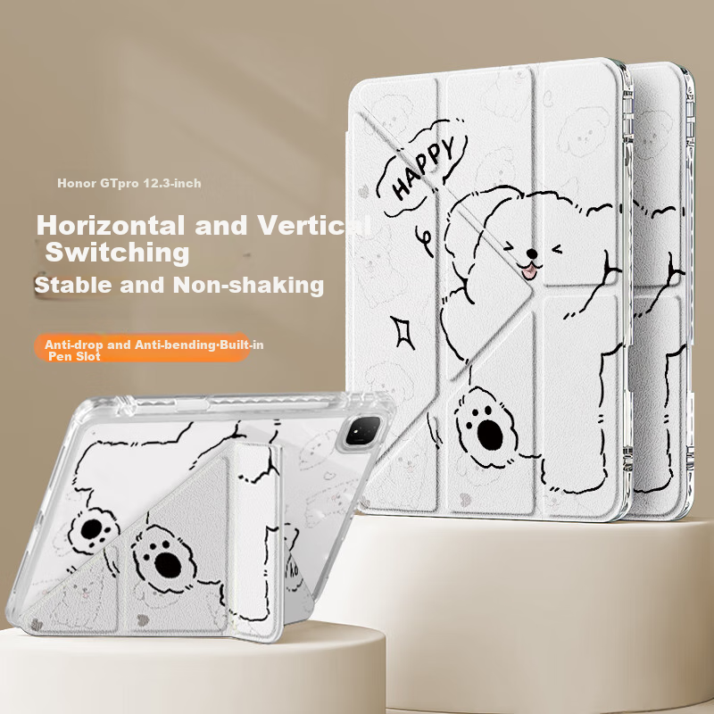 Qiaojiejie Compatible with Honor Tablet GT Pro Case, 12.3-Inch 2024 Model Tablet Protective Cover, Cartoon Design with Pen Slot, Anti-Bend Y-Shaped Tri-Fold Simple Dog Patter
