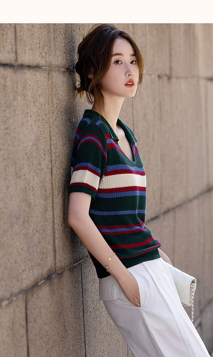Dme [Tangguo Duoban] Summer Youthful Cool Ice Silk Contrasting Striped V-Neck Sweater Women's Top 13