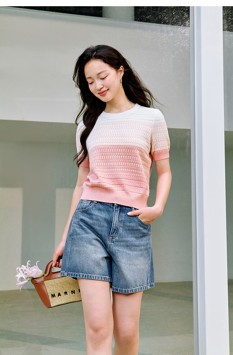INMAN INMAN [Runway Style] Dindal Round Neck Knit Short-Sleeve T-Shirt for Women, Summer 2026 Top, Pink, Baitiao L 13