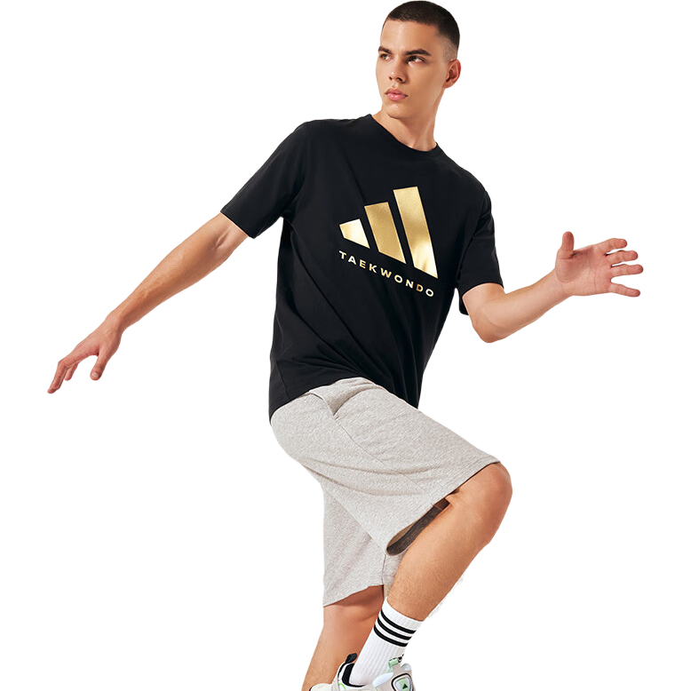 Adidas Men's Short-Sleeve T-Shirt, Spring And Summer Casual Sports Breathable Lightweight Round Neck Tee, Black/gold (Cotton), Size L