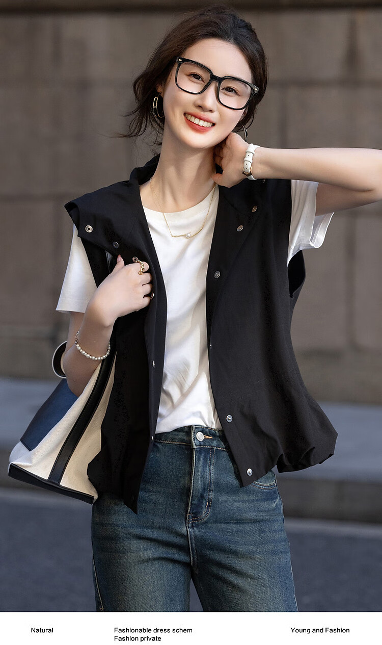 Dme [Minimalist Return] Autumn Simple Style Commuter Hooded Sleeveless Four-Button Casual Jacket Women's Outerwear 2