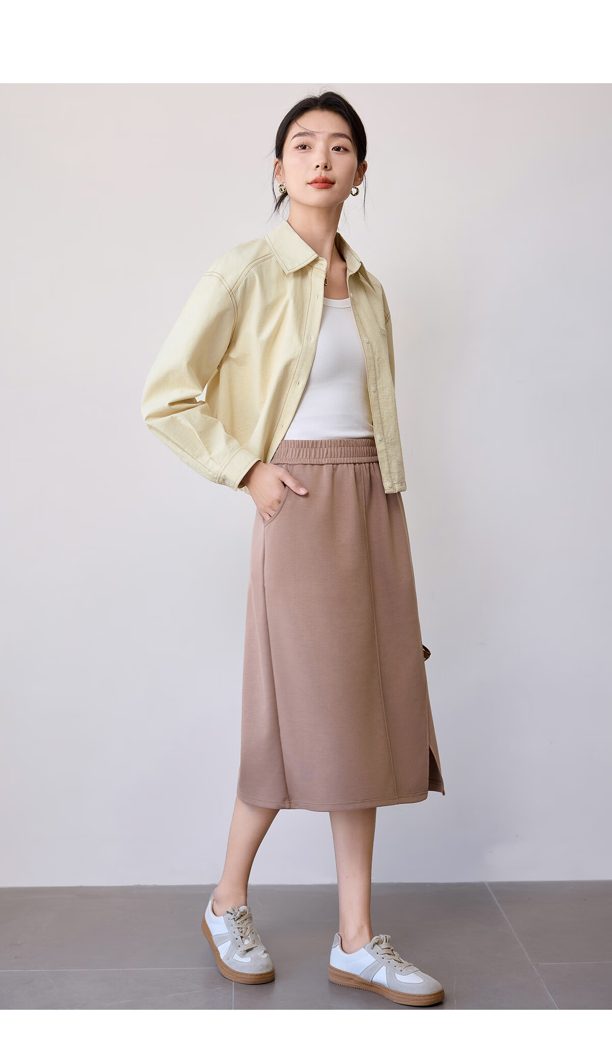 Chushen Women's Short Autumn Shirt Jacket with Drawstring Hem, Contrasting Color Stitching Design for Petite Figures S51D039 27