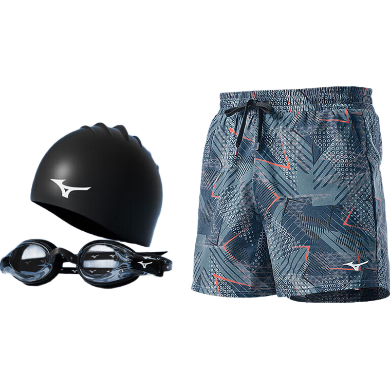 MIZUNO Men's Swimming Trunks, Anti-Embarrassment Quick-Dry Hot Spring Swimwear, Double-Layer Beach Shorts, Swimming Goggles And Cap Set, Equipment 3104, Gray, 2XL