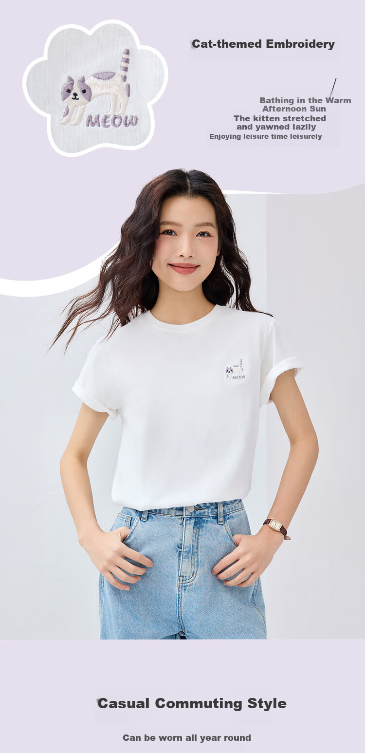 Giordano Women's Short-Sleeve T-Shirt, Pure Cotton, Cute Age-Reducing Cat Embroidery, Round Neck Casual Top, 13325327 4