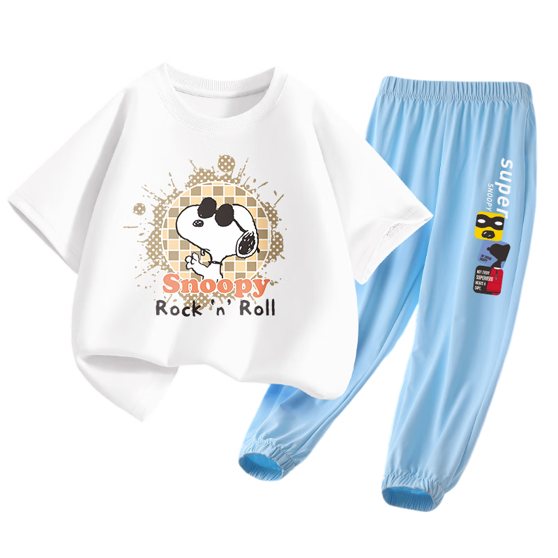 SNOOPY Children's Short-Sleeve Set, Boys And Girls Pure Cotton T-Shirt Mosquito-Proof Pants, White Plaid + Denim Blue Nubi, Size 120