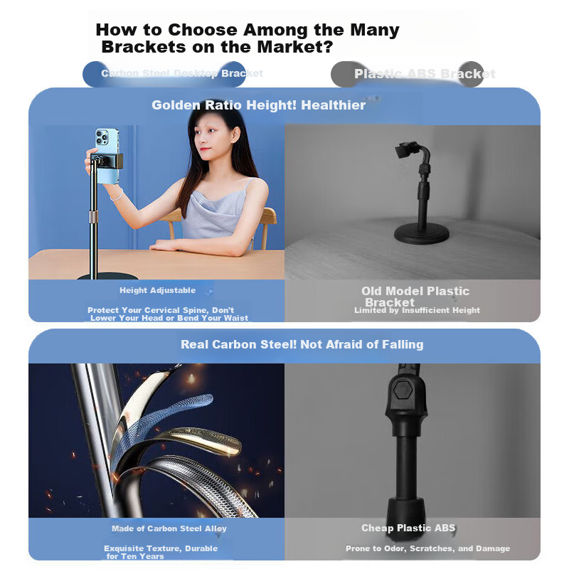 LINGCHEN Live Streaming Phone Stand, Desktop Adjustable Height, Overhead Shooting, Telescopic Selfie Device, Lazy Person's Binge-Watching Tool, Short Video Recording And Drawing Stand, 360° Rotatable Multifunctional Metal Phone Holder
