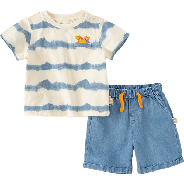 DAVE & BELLA Boys' Knee-Length Shorts Set, Stylish Summer Children's T-Shirt And Jeans Two-Piece Set, Baby Clothes