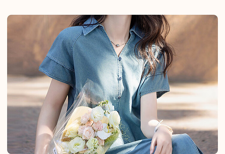 Dme Practical Summer Simple Style Lapel Cloud Cotton Loose Comfortable Short Sleeve Women's Denim Dress 3