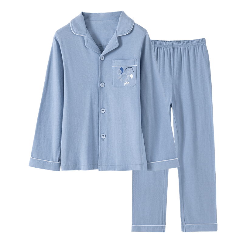 Dingguagua Children's Pajama Set, Spring And Summer Pure Cotton, for Older Boys, Home Wear, Button-Up Style, Boy's, 6005 Dark Blue, Size 140