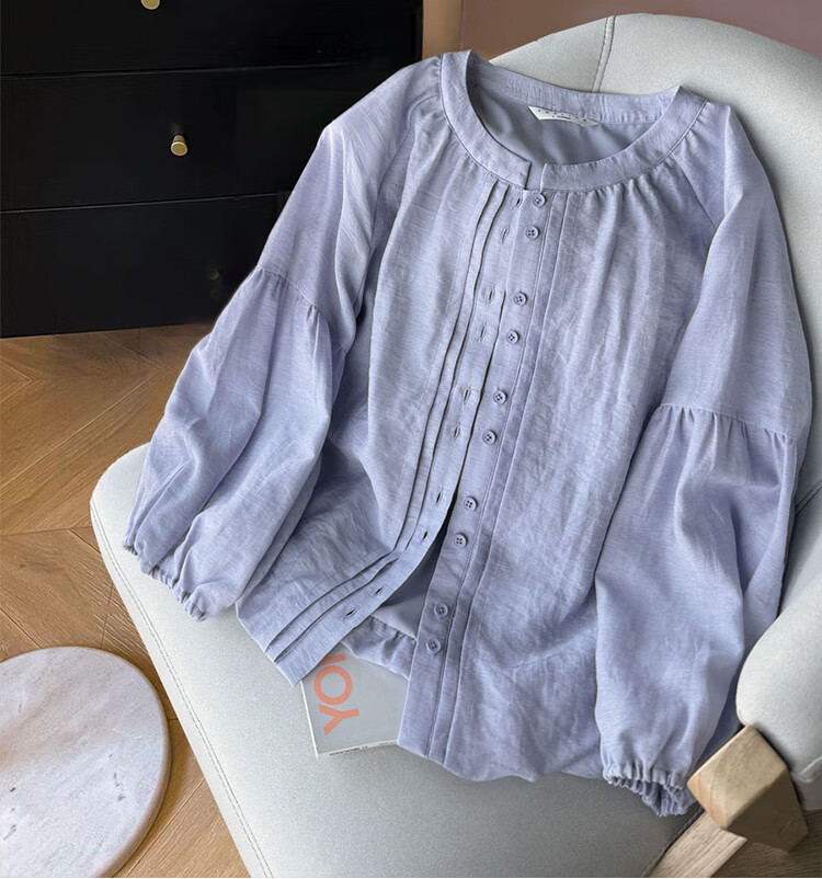 TonLion 2025 Summer Women's Round Neck Pleated Long-Sleeve Shirt 1