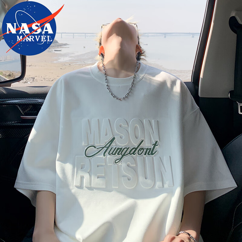 NASA MARVEL Short-Sleeve T-Shirt, Summer Men's Casual Round Neck American Trendy Brand Breathable Loose Outdoor Top, White, XL
