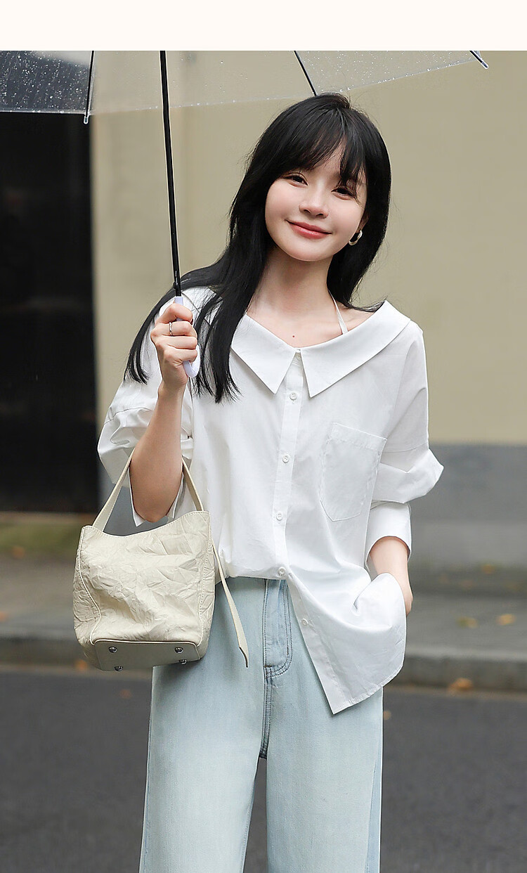 Dme [Pure Cotton Dominant Area] Spring And Autumn Korean-Style Slightly Chubby Pear-Shaped Shirt, Off-Shoulder, Tie-Waist, Concealing Shirt, Women's Top 14