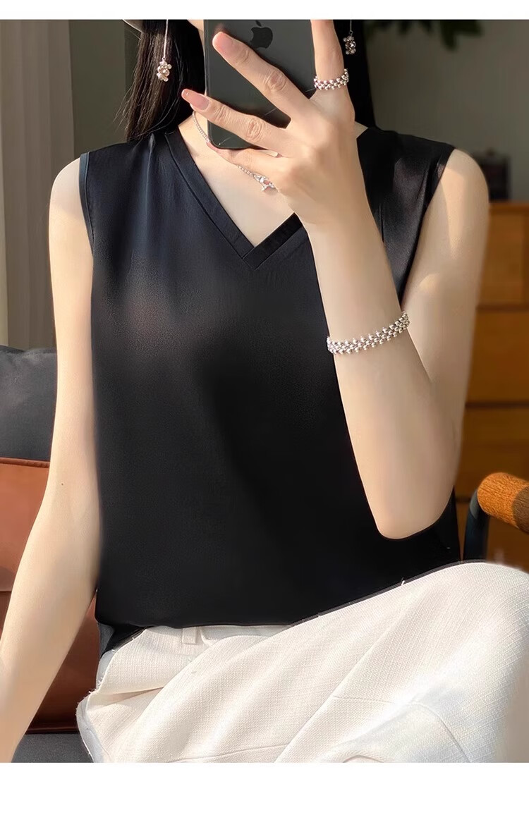 GUJIN Double V-Neck Premium Ice Silk Camisole Women's Innerwear Suit Base Layer Faux Silk Satin Tank Top Spring 16