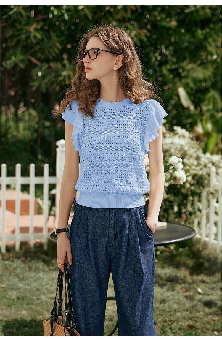 Olrain French Hollow Knitwear Women's Summer Loose Ruffle Sleeve Top Apricot White L 25