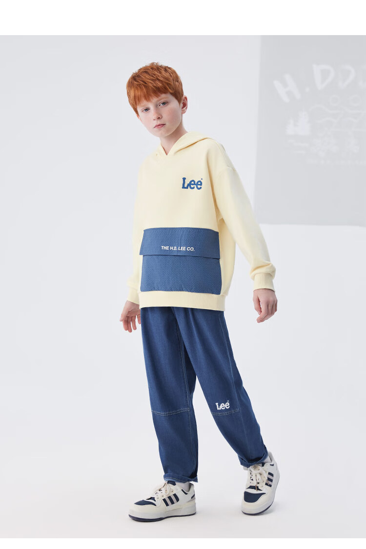 Lee Kids Children's Clothing, Color Block Faux Denim Print Retro Fashion Hoodie, Sky Blue, Size 140 5