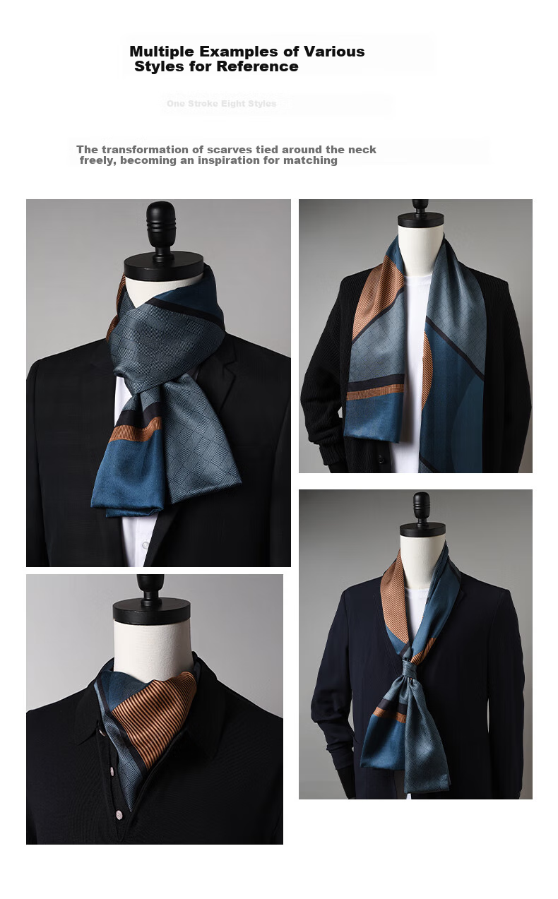 Hangsifu Silk Scarf for Men, Inner Wear, Business Suit Necktie, Birthday And Holiday Gift for Dad Or Husband, Sea Blue 10