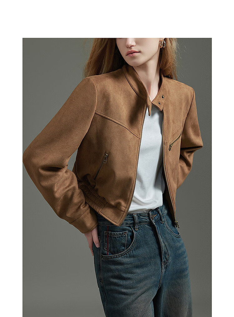 Dme [Wake Up Wild] Autumn Motorcycle Style Stand Collar Faux Suede with Split Line Elastic Hem Jacket for Women, Short Style 4